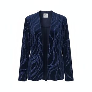 R&M Richards‎ Navy Velvet Glitter Swirl Open Front Jacket 12 Holiday Festive